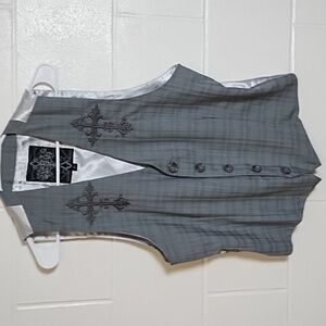 Roar Grey Plaid Satin Back Embroidered Vest Adjustable Back